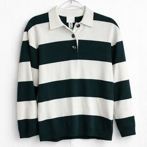 H&M Ladies Green and White Buttoned Polo Sweater Size XS